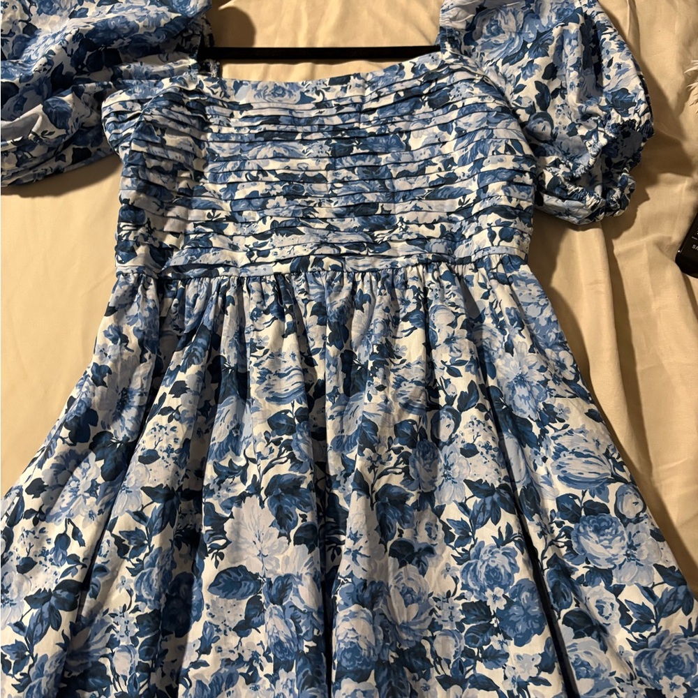 Abercrombie & Fitch Blue and White Smocked Puff Sleeve Sundress